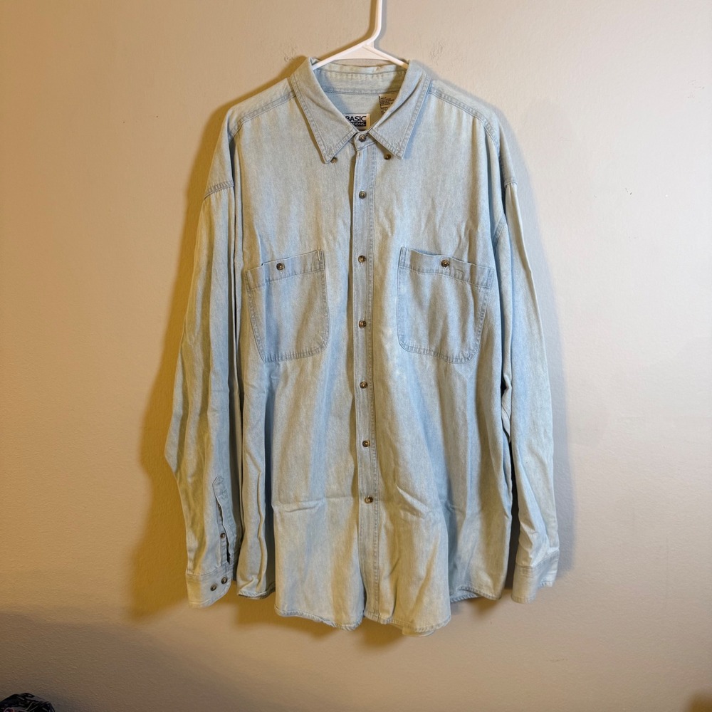 Basic Editions Mens XXLT Light Wash Denim Button Down Shirt Long Sleeve Cotton